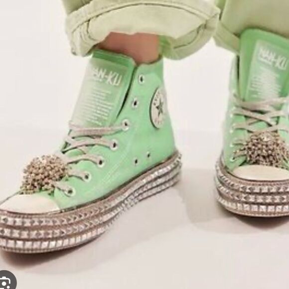 Free People Nan-Ku Couture Cruise Studded Hi Top Sneakers Spring Mint Green US 8 - Picture 1 of 8
